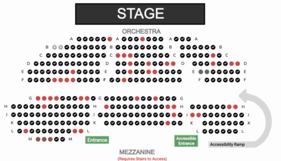 Reserved seating chart that shows sold tickets versus those that are scanned and blocked as they come in.